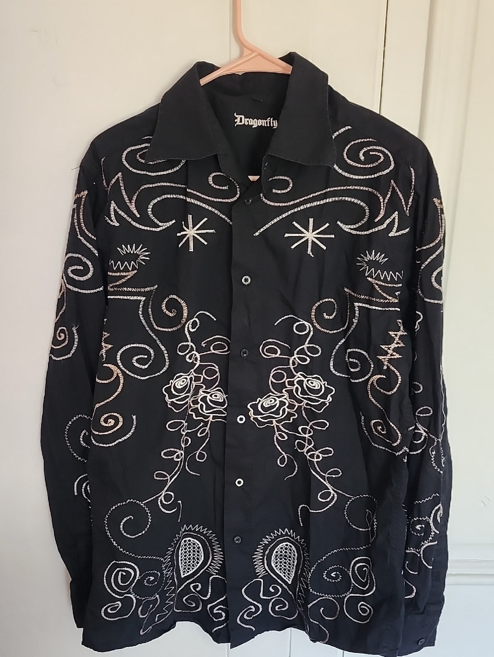 Dragonfly Men's Black Embroidered Button-Up Shirt Size Large